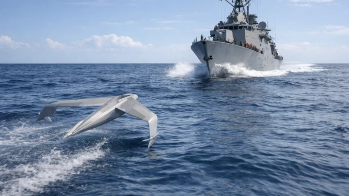 Pangea Craft ground-effect vehicle operating alongside a naval vessel